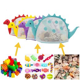 Kids Beach Shell Bags Cartoon Dinosaur Shape Handbag for Seashell Toys Collection Storage Bag Outdoor Mesh Tote Zipper Sand Away Pouch Large Mesh