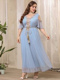Plus Size Dresses TOLEEN Elegant Women Large Maxi 2022 Summer Blue Ruffled Oversized Long Muslim Party Evening Festival Clothing