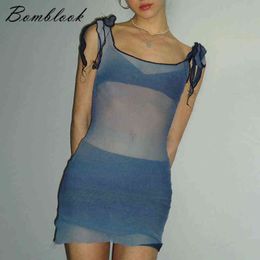 Bomblook Solid Colour Square Neck Sleeveless Lace Up Mesh Perspective Sexy Teen Girl INS Mini Dress Simple and Comfortable Y220401