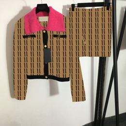 Lapel Neck Tracksuits Women Knit Jackets Dress Full Letters Jacquard Cardigan Coat Skirts