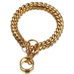 Gold Chain Dog Collar Leash 14mm Stainless Steel Pet Collar Lead Leather Small Large Dog Pitbull Bulldog Pet Accessories 201030267M