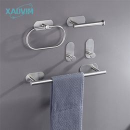 No Drilling Stainless Steel Selfadhesive Towel Bar Paper Holder Robe Hook Ring Black Silver Gold Bathroom Accessories Set 220809