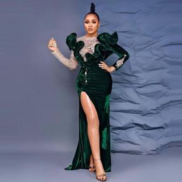 Party Dresses Dark Green Velvet Mermaid Evening Appliques Lace Long Sleeves Aso Ebi Gown Ruffles African Side Split Prom DressParty