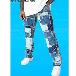 2021 New Men Jeans Slim Patchwork Colour Lump Skinny Cacual Designer Black Blue Straight Long Pants Moto & Biker Streetwear S-3XL G0104