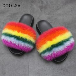 Fashion Mixed Colors Slippers Women Rainbow Shoes Fur Slides Fluffy Soft House Slippers Female Cute Fuzzy Fur Flip Flops