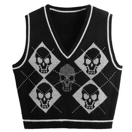 Y2K Gothic Knit Sweater Vest Skull Argyle Print Pattern Knitwear V-neck Pullover Fashion Jumper Top Women Halloween Streetwear 220719