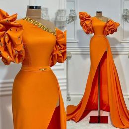 2022 Orange Prom Dresses Short Sleeves One Shoulder Beaded Evening Side Slit Crystals Party Gowns Plus Size Custom Made Formal Ocn Wear Vestidos 401 401