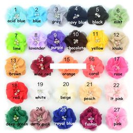 28color Chiffon Flowers With Pearl Rhinestone Centre Artificial Flower Children Hair Accessories Baby Headbands Flower without Hairpin