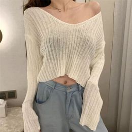 Spring Summer Women Casual Loose V-neck Knitted Long Sleeve T-shirt Autumn Sexy Club Solid Off Shoulder Thin Crop Tops Shirt 220407