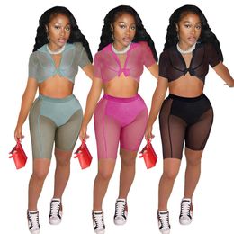 Hot Sell Mesh See Through Tracksuits For Women V-neck Short Sleeve Bandage Crop Top And Splicing Skinny Shorts 2 Piece Sets MN8506