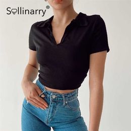 Sollinarry Causal v-neck skinny summer cotton women T-shirt white black Hollow out solid short sleeve t shirt Lace up female top 210709