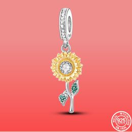 925 Sterling Silver Dangle Charm Gold Color Sunflower Beads Bead Fit Pandora Charms Bracelet DIY Jewelry Accessories
