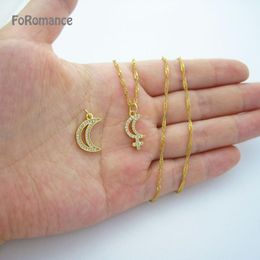 Pendant Necklaces FoRomance Woman Man YELLOW GOLD GP 18" WATER WAVE CHAIN & FULL CZ STONS MOON CUTE SHAPED 2 STYLES CAN BE CHOSEN