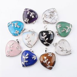 Pendant Necklaces 6Pcs/Lot Romantic Love Flower Heart Natural Stone Bead Silver Plated Women's Fashion Jewellery Amethysts Opal Lapis TBN3