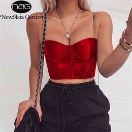 Asia Summer Crop Top Women Sexy Bustier Top Blackless Chain Strap Padded Cropped Casual Satin Black Crop Tops Clothes 210401