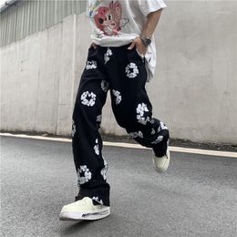 Erkek Kot Tarzı Patchwork Rahat Çiçek Baskı Erkek Vibe Düz Pantolon Harajuku Yırtık Büyük Boy Kot Pantolon Streetwear