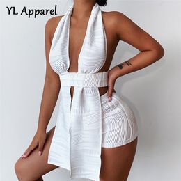 Fashion Sexy Solid White Deep Vneck Halter Bandage 2 Pieces Sets Summer Sleeveless Backless Chic Suits Outfits with Shorts 220707