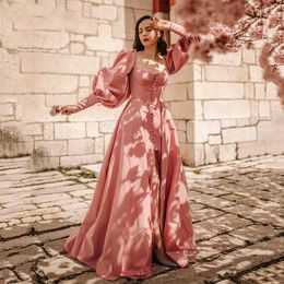 Pink A-line Prom Dress V Neck Sequins Beads Buttons Appliques Long Sleeves High Waist Satin Front Split Applique Party Dress Sweep Train