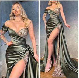 2022 Elegant Satin Prom Dresses Long Sleeves Sequin Lace One Shoulder High Split Formal Party Evening Gowns BC1140 B0708