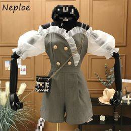 Neploe Summer Spaghetti Strap Patchwork Women Playsuits 2020 Chic Sexy Puff Sleeve Double Breasted Female Overalls Jumpsuits T200704