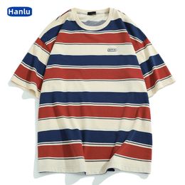 Japanese fashion men's stripe oversize t-shirt men's and women's summer pure cottonT-shirt 220713