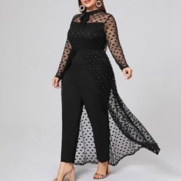 Women's Plus Size Pants Summer Black Overall Sexy Transparent Mesh Long Sleeve Fashion Jumpsuit Dress Elegance Office Lady Casual Sheer Romp