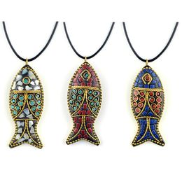 Pendant Necklaces 60x24mm Nepal Handmade Fish Creative Ethnic Style Necklace Sweater Chain Accessories