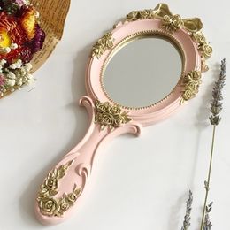 1pcs Cute Creative Wooden Vintage Hand Mirrors Makeup Vanity Rectangle Hold Cosmetic with le for Gifts Y200114