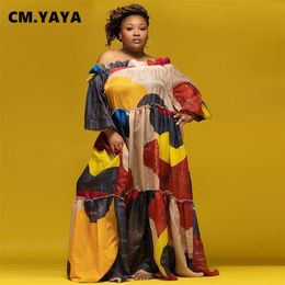 CM.YAYA Women Plus Size Dress Print Off Shoulder Wrist Puff Sleeve Loose Long Maxi Dresses Fashion Streetwear Outfit Summer 220516