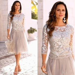 Wholesale 2022 Vintage Short Mother Of The Bride Dresses Lace Tulle Knee Length 3 4 Long Sleeves Mother Bride Dresses Short Prom Dresses