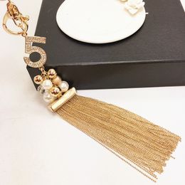 K201 tassel pearls porte clef long keychain famous brand number 5 keyring key chains for women bags cars