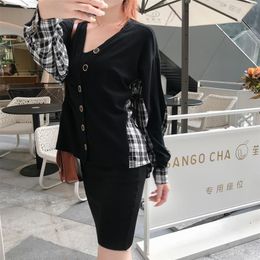autumn product mid-length color matching cardigan college style loose plaid stitching knitted jacket women long sleeves 210412