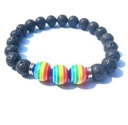 Charm Bracelets 10Mm Rainbow Striped 8Mm Black Lava Stone Beads Elastic Bracelet Essential Oil Diffuser Volcanic Rock Be Dhseller2010 Dhc1N