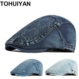 Tohuiyan Washed Denim Boina Men Hat British Beret Homme Newspaper Seller Caps Basic Daily Driving Hats Painter Flat Cap For Women J220722