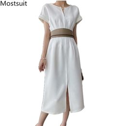 Korean Elegant Ol Style Splitting Long Dress Women Short Sleeve O-neck High Waist Stylish Dresses Fashion Office Vestidos 210513