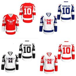 Thr MUSTANGS Hockey Jersey 10 Youngblood Movie Rob Lowe Sewn Movie Hockey Jerseys All Stitched White Red