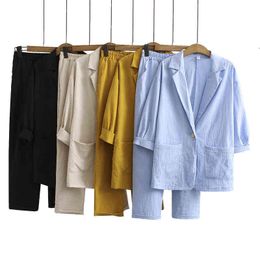 2021 Summer Korean Blazer Set New Large Size Ladies Fashion Suit Cotton And Linen Suit Jacket Elastic Waist Harem Pants zh1135 T220729