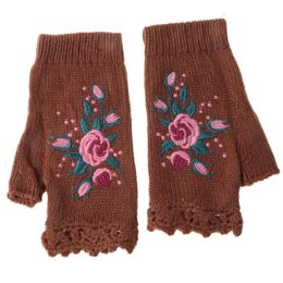 Five Fingers Gloves Y166 Women Winter Knitted Fingerless Floral Bee Embroidery Thumbhole Mittens