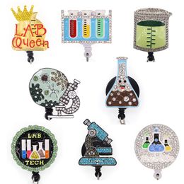 Custom Key Rings Rhinestone Science LAB Medical Nurse ID Card DIY Retractable Badge Holder Reel With Alligator Clip