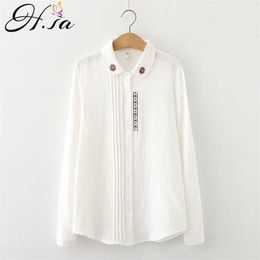 HSA Women Spring Long Sleeve White Blouse and Shirts Turn Donw Collar Floral Embroidery Sunflower White Shirt Chic Blouse Tops 210716