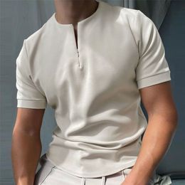Men's Casual Polo Shirt Khaki collarless short sleeve zipper design top Harajuku Men's Street Wear Men's Fashion 220620