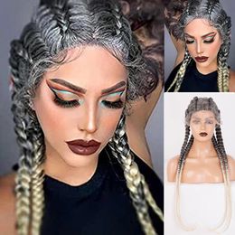 Synthetic Fibre Hair Box Braided 4x Blended Colour Lace Front Wig Double Dutch Braid Wigs Super Long with Baby Hair