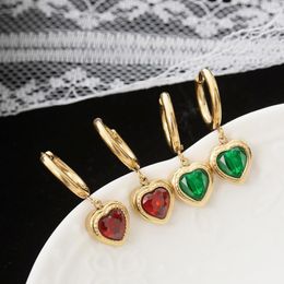 Hoop & Huggie Stainless Steel Fashion Vintage Emerald Earrings Red Heart 18 K Luxury Golden Jewelry For Women SummerHoop