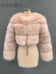 ZADORIN New Fashion Women Crop Top Faux Fur Coat Winter Thick Fluffy Long Sleeve Short Style Slim Furry Fur Jacket Coats T220716