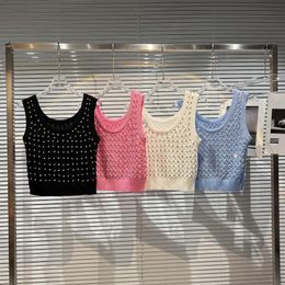 New fashion women's o-neck sleeveless coarse wool knitted rhinestone shinny bling short crop top vest tanks camisole