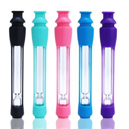 Glass Smoke Tube Pipe Silicone Philtre Nozzle Portable One Hitter Octo Taster Oil-Fired High Borosilicate Dry Burner Hand Smoking Glass Cigarette Accessories LT0050