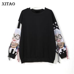 XITAO Black Long Sleeve Sweatshirts Women Patchwork Print Tassel Pullover Harajuku Hoodie Pullover Women Clothes New LJ200815