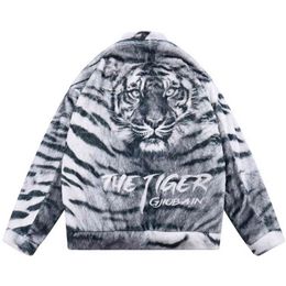 Hot sale Parka Hip Hop Jacket Men Tiger Print Pattern Plush Padded Coats Couple Winter Streetwear Harajuku Casual Loose Outwear Tops