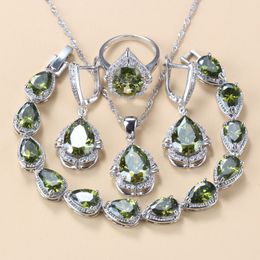 925 Mark Fashion Water Drop Jewellery Sets Women Accessories Olive Green Stone Bridal Necklace Sets Earrings Bracelet And Ring 220718