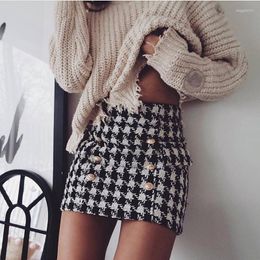 Skirts STREET Fashion Runway Designer Skirt Women's Lion Buttons Double Breasted Tweed Wool Houndstooth Mini